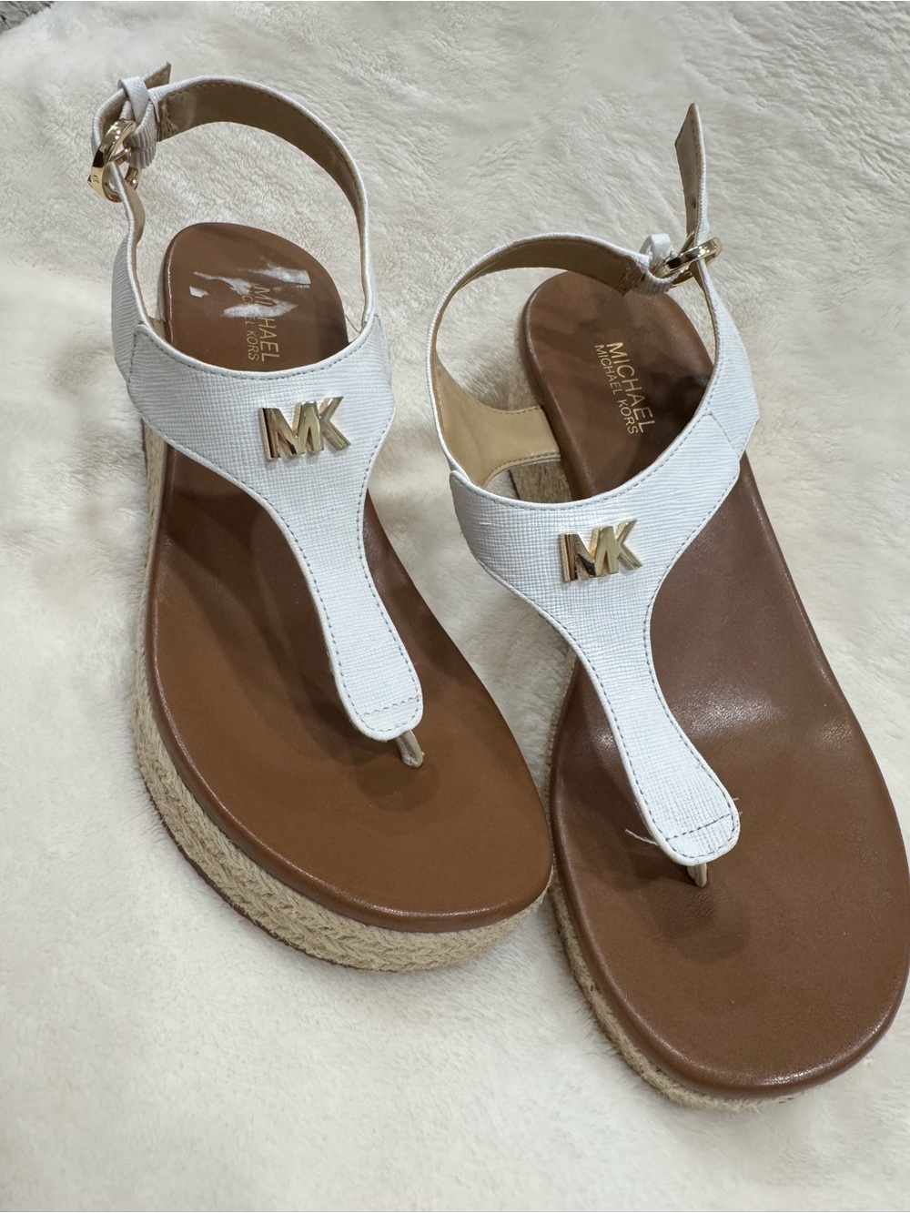 Michael Kors White Thong Espadrille Platform Sandals with Gold MK